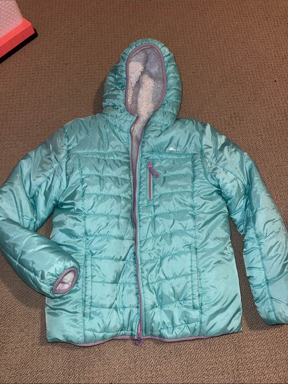 Eddie Bauer reversible Girls' Teal Hooded puffer jacket kids coat size L 14/16